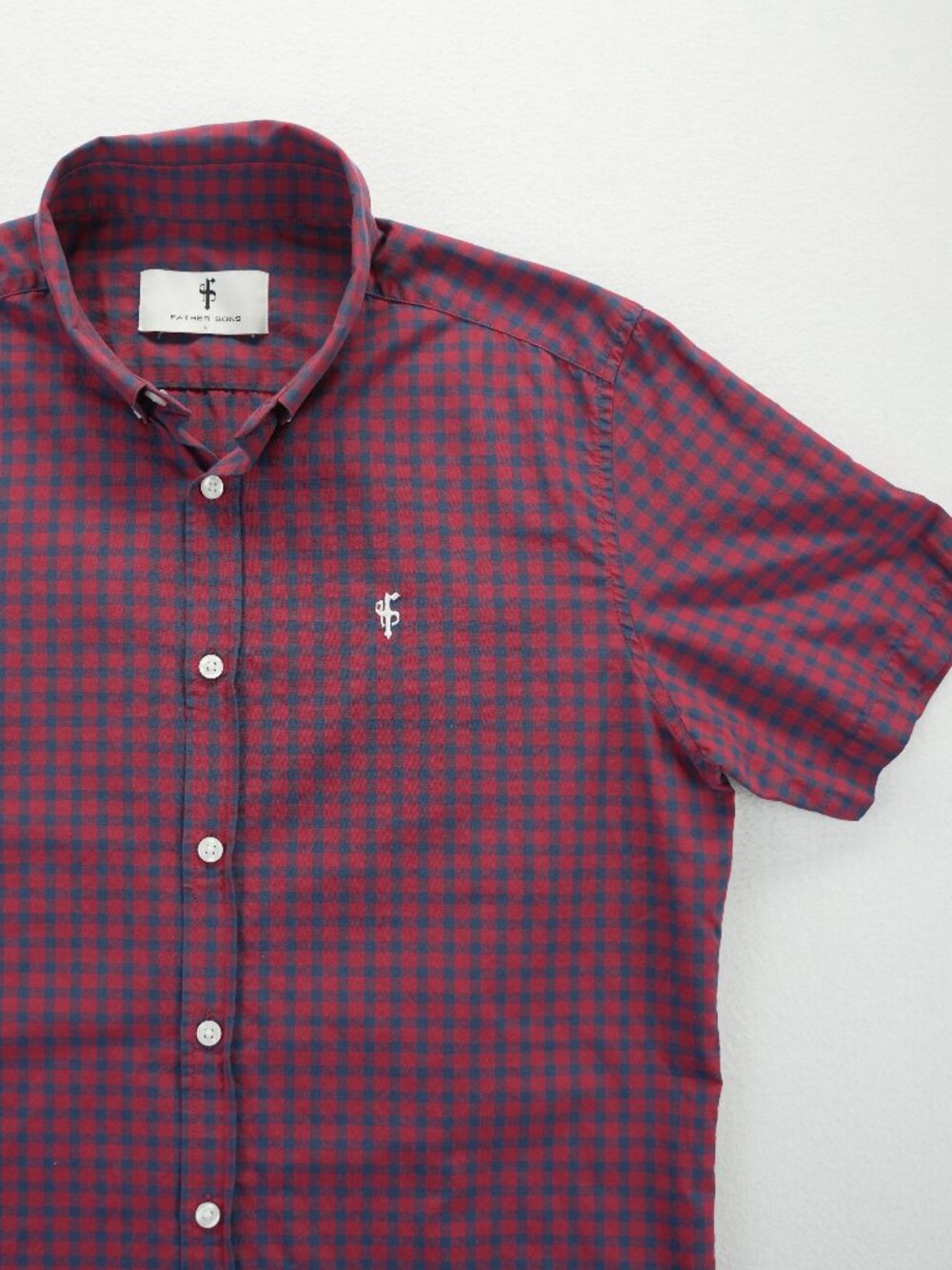 Father Sons Shirt Mens Large Red Blue Plaid Short Sleeve Summer‎ Button Up Logo